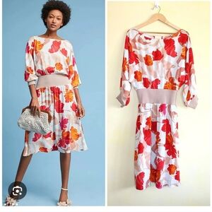 Maeve Red and White Fit and Flare Midi Dress with Flutter Sleeves